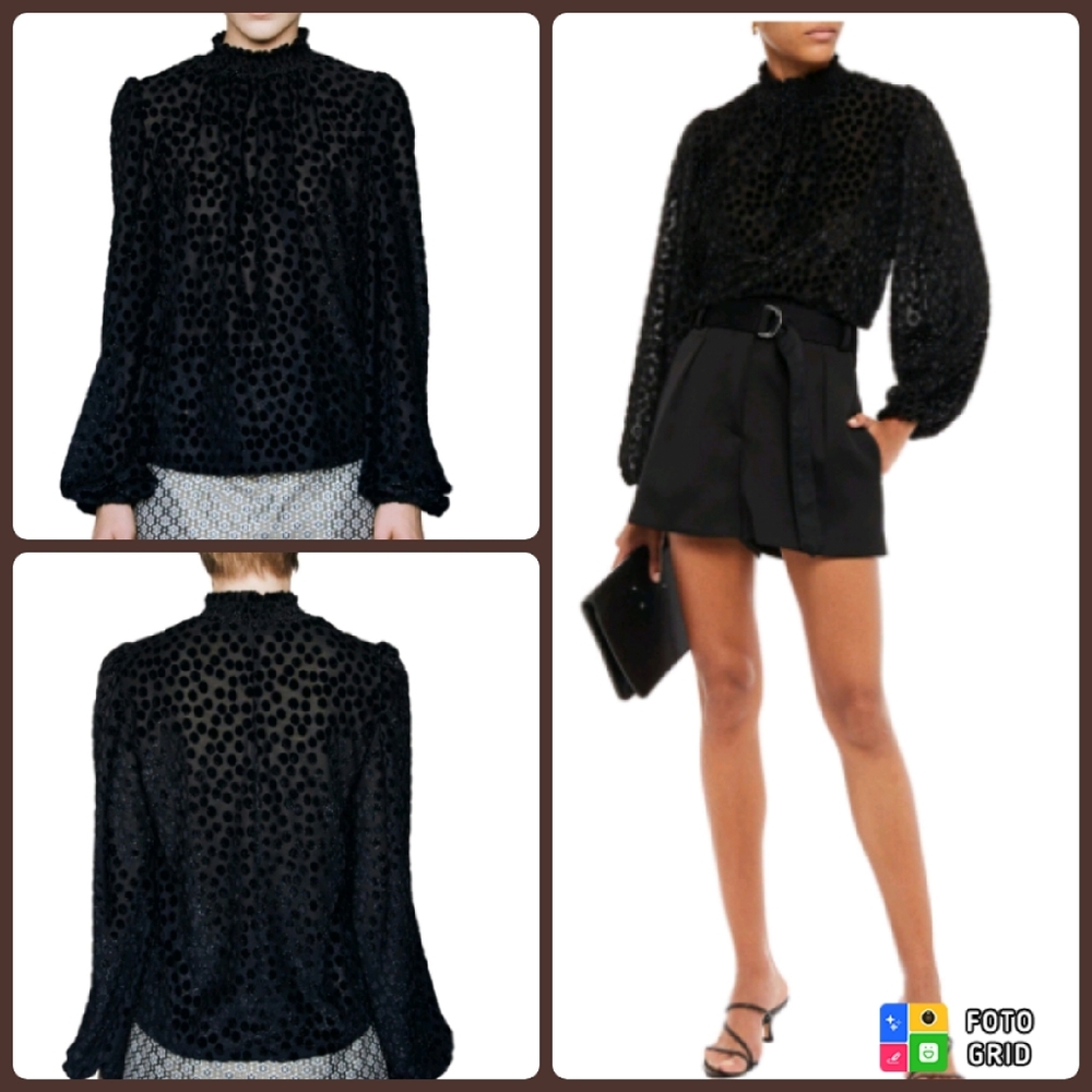 Maje Leine Noir Shirred Metallic Devore-Velvet Blouse